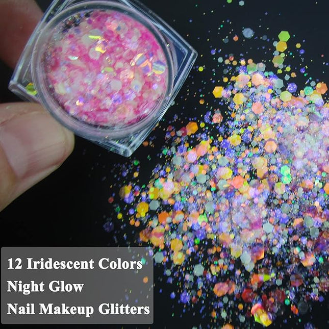 12 Colors Night Glow Chunky Glitters Flakes Luminous Neon Powder Glitter Sequins for Acrylic Nails/Crafts/Resin/Makeup/Festival