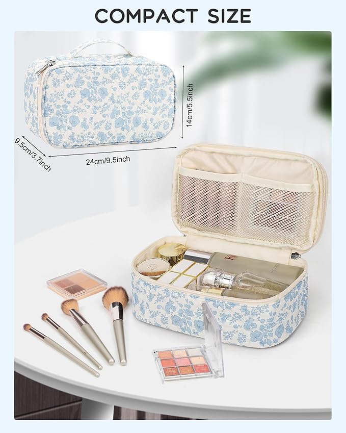 Relavel Travel Makeup Bag, Small Floral Cosmetic Bag with Makeup Brush Compartment, Portable Makeup Pouch for Women, Double Layer Makeup Organizer Bag Cute Toiletry Bag