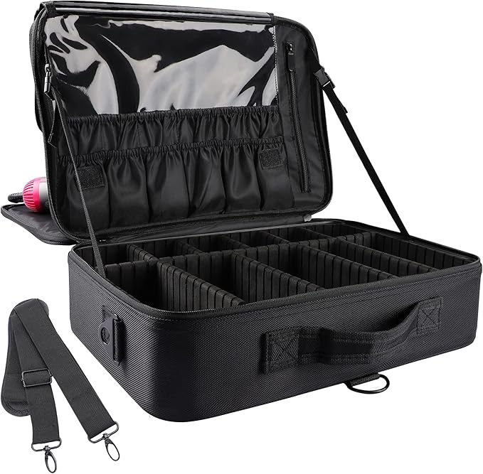 JOURMON Travel Makeup Case Portable Makeup Train Case Organizer Cosmetic Bag with Adjustable Dividers and Shoulder Strap for Makeup Brushes Toiletry Travel Accessories(Pure Black, L)