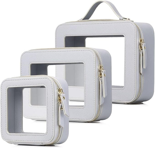 Pinkmik Clear Makeup Bag Waterproof Travel Case for Cosmetics and Toiletries Women's Purse Organizer and Clear Car Bag with Zipper (Gray, L+M+MINI)