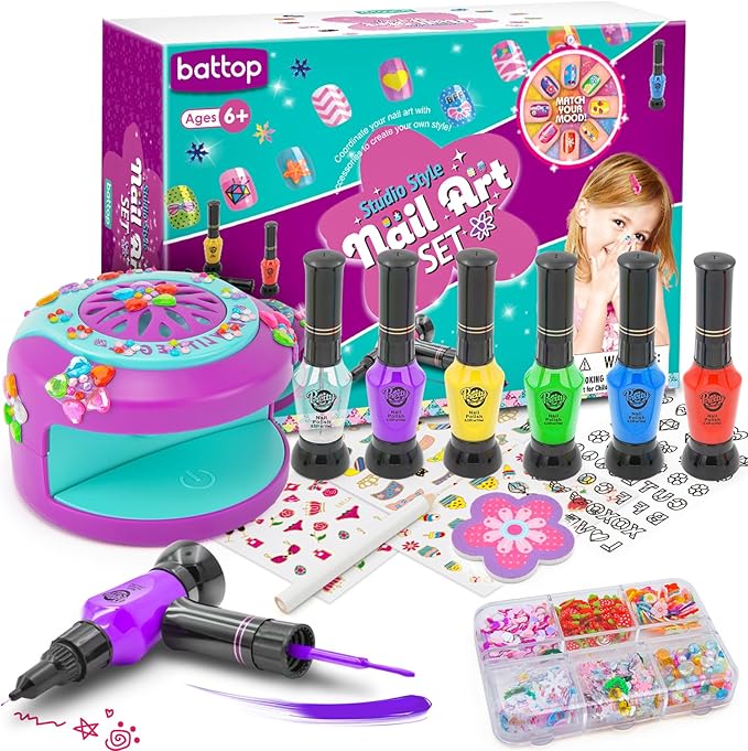 BATTOP Kids Nail Art Kit for Girls Ages 7-12 with Nail Dryer & 2 in 1 Water Based Nail Polish Pen & 3D Decoration & Sticker and Nail Flier - Idea Birthday Gifts for Girls 7 8 9 10 11 12