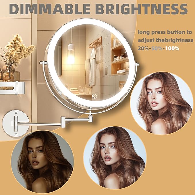 10" Wall Mounted Makeup Mirror with Light, 3000mAh Rechargeable Double Sided 1X / 7X Magnifying Vanity Mirror, 3 Color Lights Touch Dimmable 360° Rotation Bathroom Mirror, Chrome