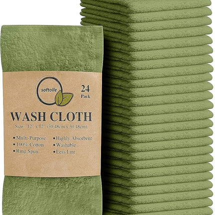 Softolle 100% Cotton Washcloths 24 Pack (12x12 Inches) Soft, Highly Absorbent Washcloth, Face Towels, Wash Cloths for Face, Ring Spun, Bulk Pack (Sage Green)