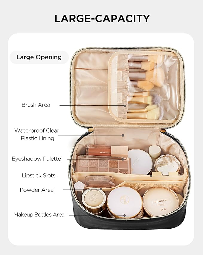 Large Travel Makeup Bag Organizer with Removable Dividers, Waterproof Leather Cosmetic Case, Black