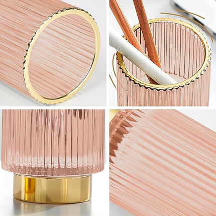 DASITON Makeup Brush holder Organizer,Crystal Cosmetic Makeup Brush Glass Brushes Storage Holder, Vintage Make Up Brush Cup Pen Pencil Holder striped vase(Pink L)