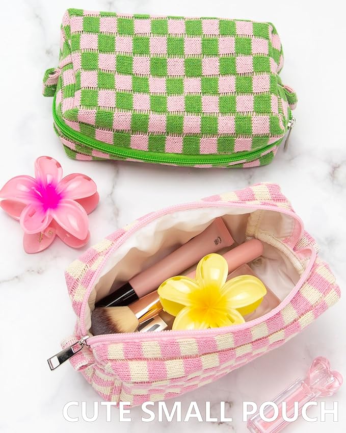 PAZIMIIK Checkered Makeup Bag for Purse Portable Zipper Make Up Pouch Small Cosmetic Case for Travel Accessories Pink Beige