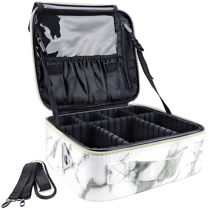 gzcz Travel Makeup Bag 10.2'' Cosmetic Bag Organizer Make up Train Case Portable Brush Artist Storage bag with Adjustable Dividers and shoulder strap for Make up Accessories (Marble White)