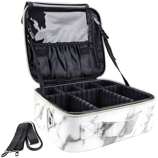 gzcz Travel Makeup Bag 10.2'' Cosmetic Bag Organizer Make up Train Case Portable Brush Artist Storage bag with Adjustable Dividers and shoulder strap for Make up Accessories (Marble White)