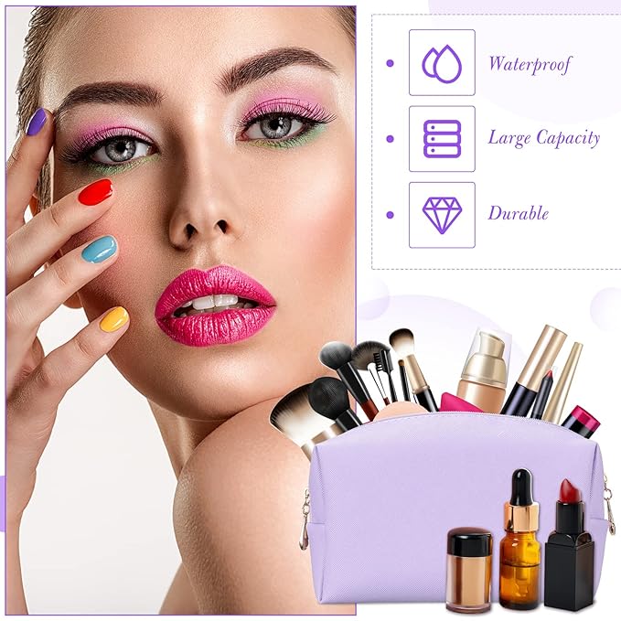Sanwuta 9 Pcs Makeup Bags Bulk PU Double Zippers Cosmetic Bag Makeup Toiletry Pouch Portable Travel Organizers Case for Women Bachelorette Party End of The Year Bridesmaid Gift(Purple)