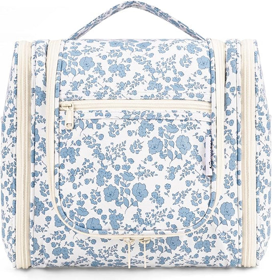 Narwey Hanging Toiletry Bag for Women Travel Makeup Bag Organizer Toiletries Bag for Cosmetics Essentials Accessories (Large, Little Blue Flower)