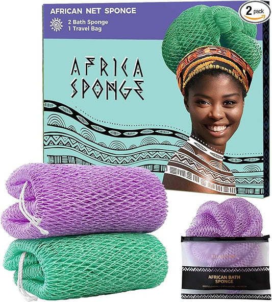 Back Scrubber for Body - 2 Pieces Authentic African Net Sponge with Knots - Exfoliating Washcloth for Afro Scrubber Seawave & Lilac - Shower Exfoliator for Women Self Care Body Loofah Bath Essentials