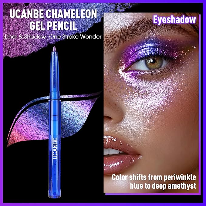 UCANBE Chameleon Eyeshadow & Eyeliner Gel Pencil-Multichrome Shifting Colors Metallic Glitter Eye Makeup,Waterproof Long-Lasting Smudge-Proof Multi-Dimensional Color (Periwinkle Blue to Deep Amethyst)