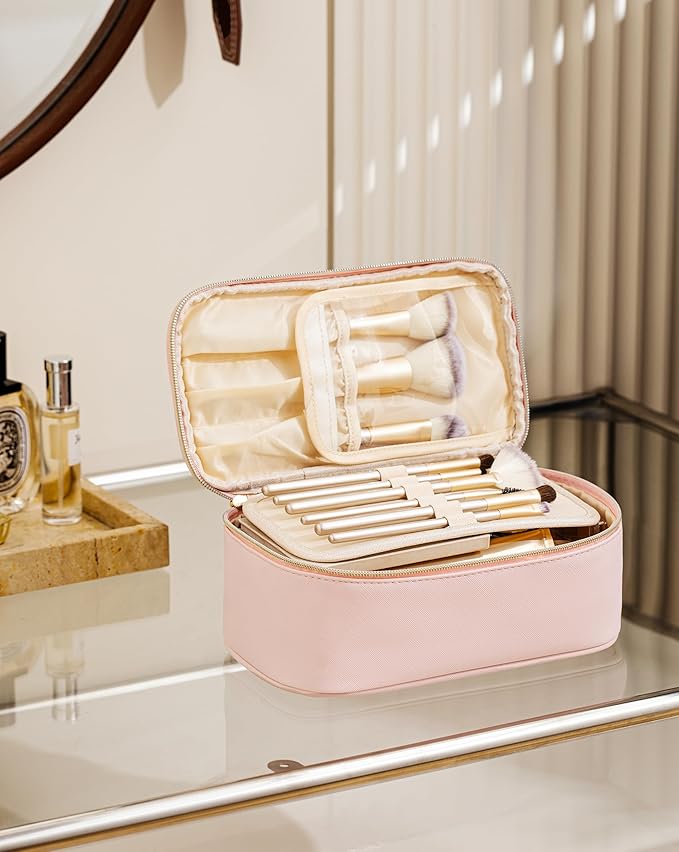 Makeup Bag for Women Small Travel Makeup Bag Organizer Portable Toiletry Bag Cute Makeup Bags Waterproof Leather Cosmetic Bag Makeup Case with Handle, Pink