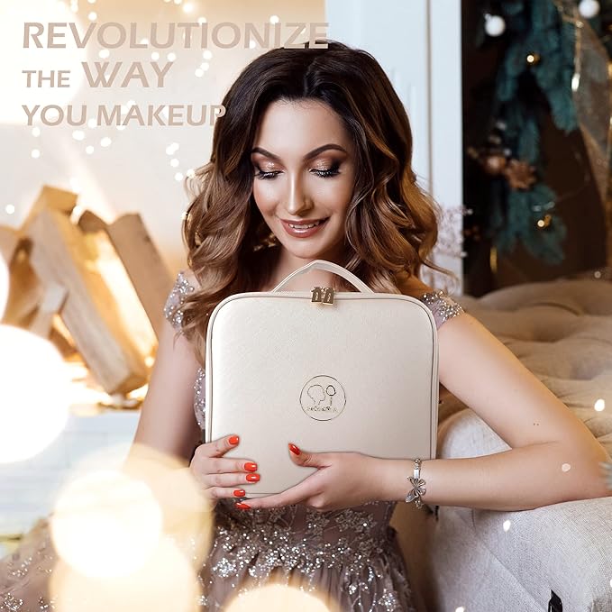 MOMIRA Travel Makeup Bag Cosmetic Bag Makeup Organizer Bag with Lighted Mirror, Adjustable Brightness in 3 Color Scenarios, Waterproof Makeup Train Case, Gift for Women - Khaki