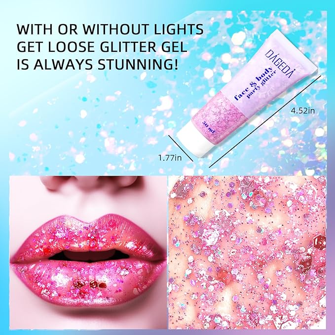 DAGEDA Body Glitter Gel, Face Glitters Body Gel Sequins Shimmer Liquid Eyeshadow, Chunky Glitter for Face Hair Nails, Holographic Cosmetic Laser Powder Festival Makeup 50ml(Pink)