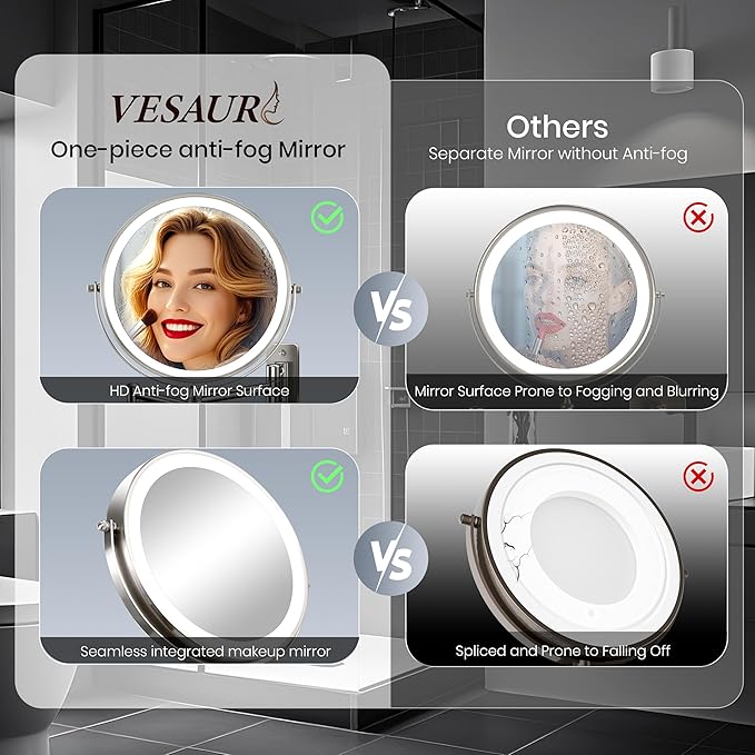 9" Large 15X Rechargeable Wall Mounted Lighted Makeup Mirror Nickel, 5000mAh HD Magnifying Mirror with 3 Color Bright Lights Touch Screen Dimmable, 17" Extendable 360° Swivel Bathroom Vanity Mirror