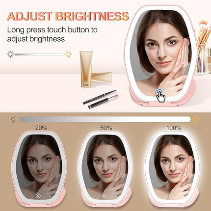 Travel Makeup Mirror with Light: 3 Color Lighting Portable Mirror with Touch Screen Rechargeable Adjustable LED Lights Hexagon Vanity Mirror for Travel, Desk, Home (Pink)