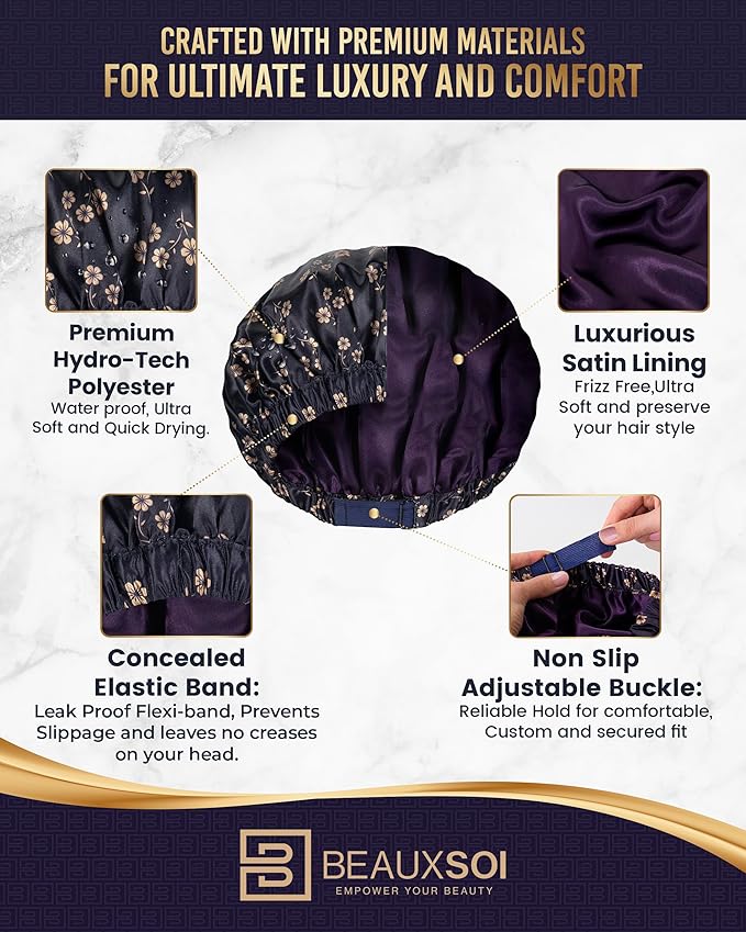 Luxury Reusable Shower Cap for Women - Satin Lined, Adjustable & Waterproof - Keeps Hair Dry- Durable Hair Bonnet by BEAUXSOI (Fleur de Nuit) - Floral design