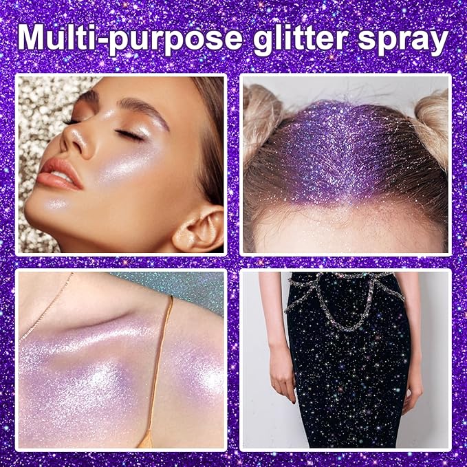 Hair and Body Glitter Spray, 1PC Sparkling Purple Hair Glitter Extra Fine Face Shimmer Powder for Clothes, Festival Loose Sparkle Powder for Rave Clothes Nail Art Easter Halloween Crafts (Purple)