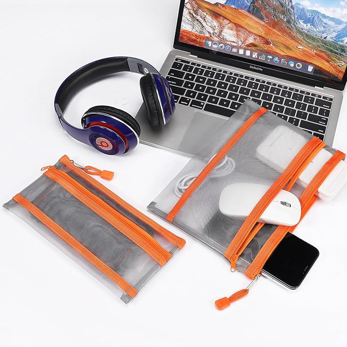 12 Pieces Zipper Nylon Mesh Pouch, Mesh Cosmetic Bags Makeup Bags Pencil Case, Multipurpose Travel Bags for Cosmetic School Office Supplies and Travel Accessories (2 Layers-Grey, A5)