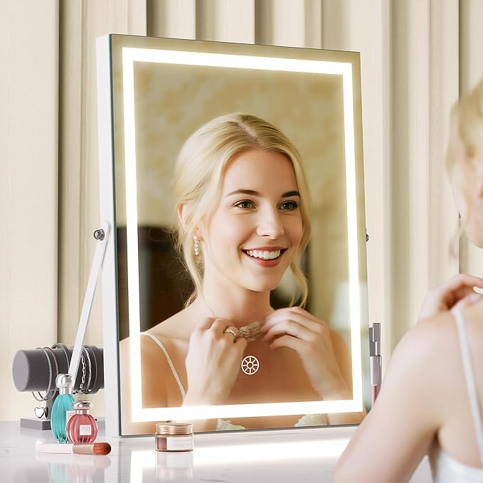 MINISO Vanity Mirror with Lights, 11.4" x 13.8" LED Makeup Mirror, Light & Brightness Adjustment, Smart Sensor, 360°Rotation, Aluminum Alloy Metal White Frame, with 5X Magnifying Glass