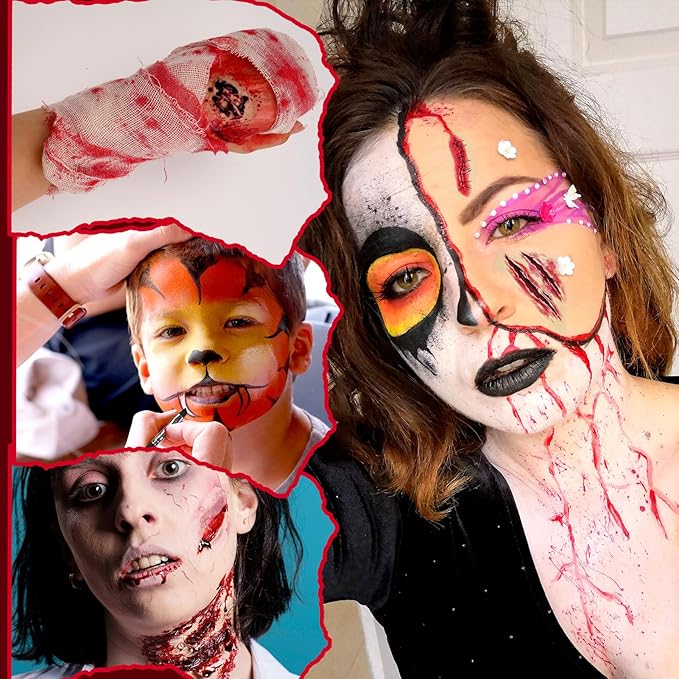 Halloween Special Effect Makeup Kit 6 Colors Fake Blood Face Body Painting, Liquid Latex Sfx Makeup with Skin Wax and Scar Stickers, Multiple Accessories for Vampire Zombie and Fake Scar