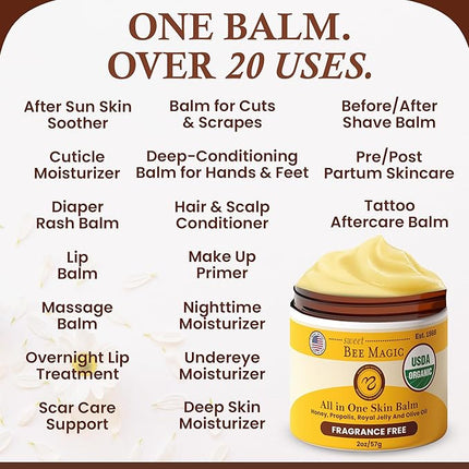 Sweet Bee Naturals - Sweet Bee Magic, All In One Healing Organic Balm. Organic Skin Aid, Small Batch Crafted in USA, Certified Organic, All Natural Skin Aid- 2 Ounce Jar