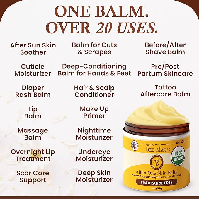 Sweet Bee Naturals - Sweet Bee Magic, All In One Healing Organic Balm. Organic Skin Aid, Small Batch Crafted in USA, Certified Organic, All Natural Skin Aid- 2 Ounce Jar