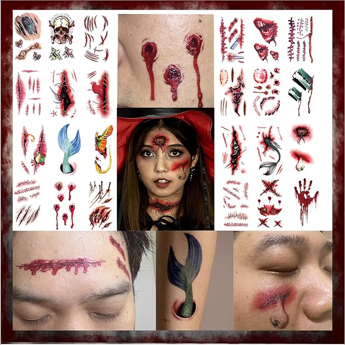 24 Sheets Fake Scar Halloween Tattoos Temporary, Waterproof Zombie Makeup Kit Stickers with Realistic Scary Bloody Wound Scratches Stitches for Women Men Adults Party, Costume, Prank Props