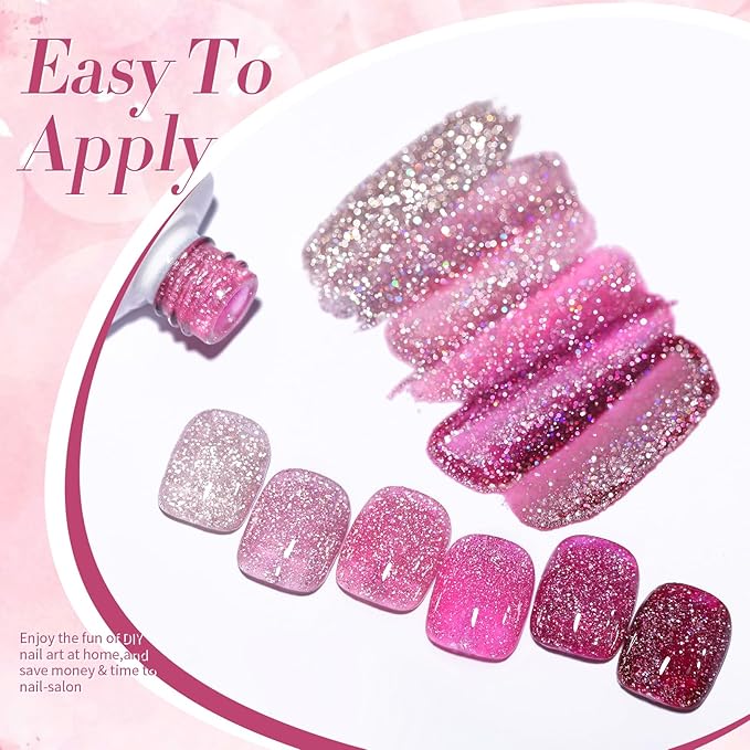 BORN PRETTY Reflective Glitter Gel Nail Polish Pink Holographic Colorful Glitter Spring Summer Gel Polish Sparkly Shiny Disco DJ LED Gel Nail Polish Nail Varnish 6PCS