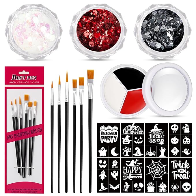 18 Pcs Halloween Face Paint Kit 3 Colors Red White Black Face Paint Kit with Glitter Stencil Makeup Brush for Halloween Cosplay Party Supplies