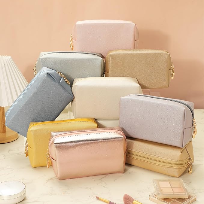 Sanwuta 9 Pcs Makeup Bags Bulk PU Double Zippers Cosmetic Bag Makeup Toiletry Pouch Portable Travel Organizers Case for Women Bachelorette Party End of The Year Bridesmaid Gift(Pearl Color)