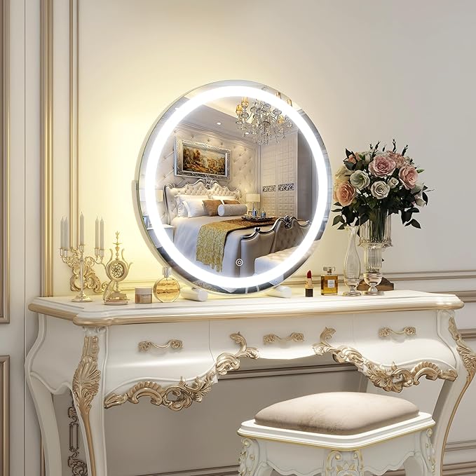 Vanity Mirror with Lights, 18 Inch Lighted Makeup Vanity, Smart Touch Control, 3-Color Dimmable Round Design, 360° Rotating Tabletop Mirror (White)