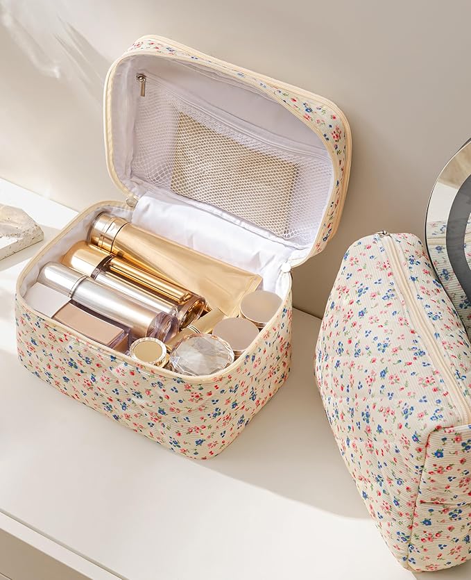 HBselect 2Pcs Travel Makeup Bag, Large Cotton Quilted Makeup Bag Cosmetic Bag Cute Make up Bag Toiletry Bags for Women Girls