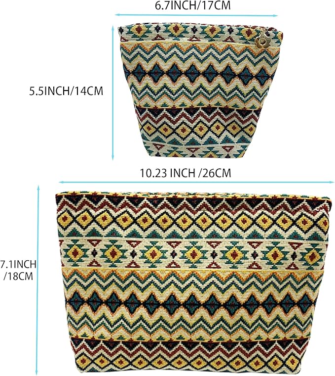 2 Pcs Makeup Bags, Large Cosmetic Bag Travel Toiletry Bag Organizer for Women, Embroidery Craft, Stripe Makeup Bag Small Cosmetic Pouch Purse with Zipper Gifts for Girls Teen
