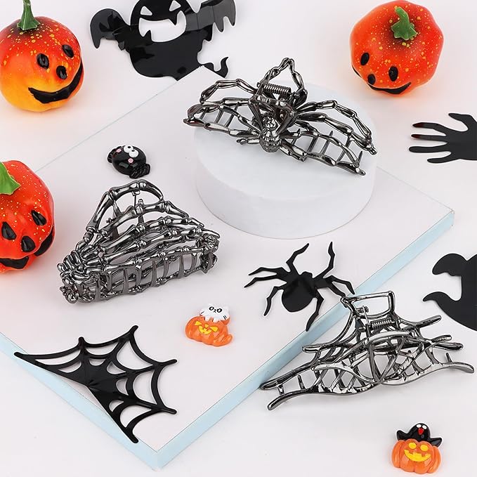 3PCS Black Spider Hair Claw Clips for Women Mental Gothic Claw Clips for Styling Strong Hold Hair Accessories for Halloween Party Gifts