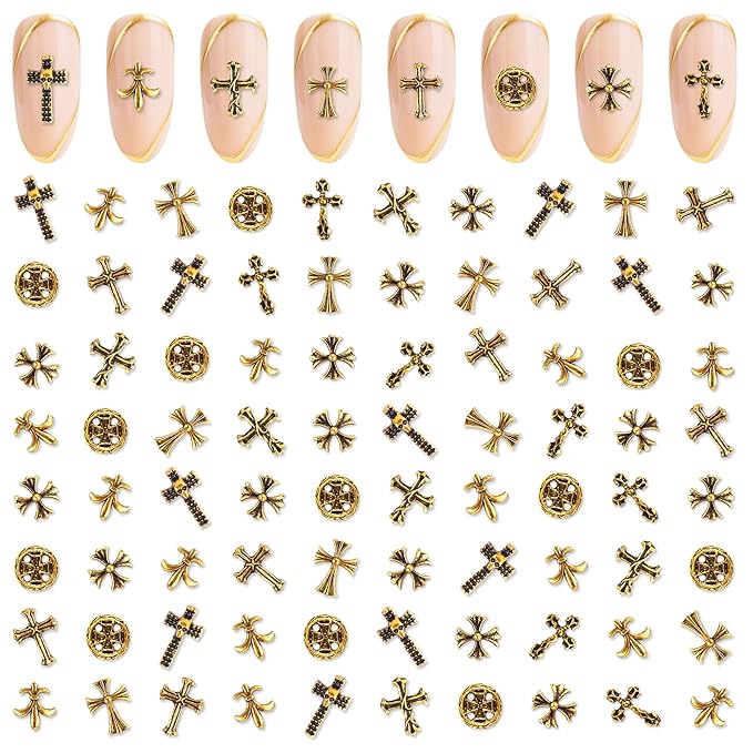 Artdone Nail Art Studs Kit, 3D Gold Cross Nail Charms and Star Gems Bulk Nail Jewels Shiny Crosses for DIY Professional Manicures Decoration
