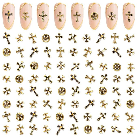 Artdone Nail Art Studs Kit, 3D Gold Cross Nail Charms and Star Gems Bulk Nail Jewels Shiny Crosses for DIY Professional Manicures Decoration