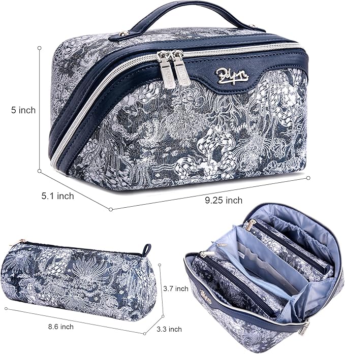 BOYATU Travel Makeup Bag for Women: Large Capacity Make up Bag with Compartments - Vegan Leather Cosmetic Bag set of 3 - Waterproof Toiletry Bag with Handle & Divider(D-03Blue)