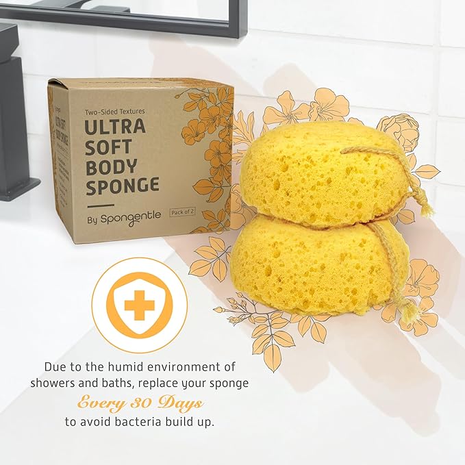 Spongentle Deep Cleansing Body Loofah Sponge, Natural Colors, for Bath and Shower, Multiple Textures for Gentle and Deep Exfoliation, Generous and Rich Lather, (Pack of 2)
