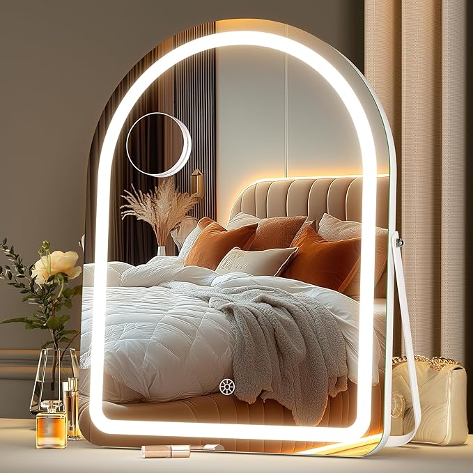 MINISO Vanity Mirror with Lights-14" x 18" Arched Makeup Mirror with 3 Color Lights, Adjustable Brightness, 10X Magnification, 360°Rotation