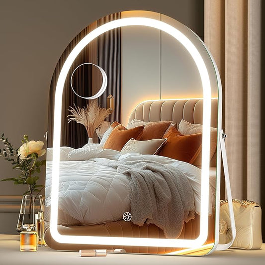 MINISO Vanity Mirror with Lights-14" x 18" Arched Makeup Mirror with 3 Color Lights, Adjustable Brightness, 10X Magnification, 360°Rotation