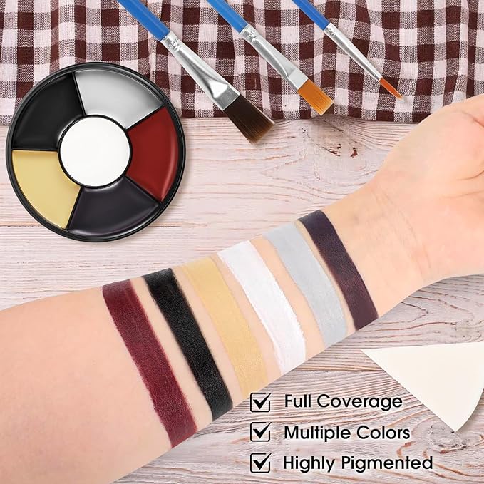6 Colors Halloween Face Body Paint + 6pc Sponge + 3pc Brush, Colored Eye Black for Sport and Bruise SFX Makeup, Face Paint Kit for Zombie Clown Vampire Skeleton Joker Costume