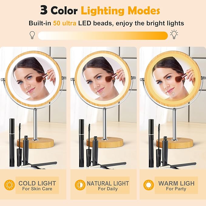 8" Lighted Makeup Mirror with Bamboo Stand, 1X/10X Double Sided Magnifying Vanity Mirror with Lights, 3 Colors Dimmable Lightning, Gifts for Women Mom Teen Girls