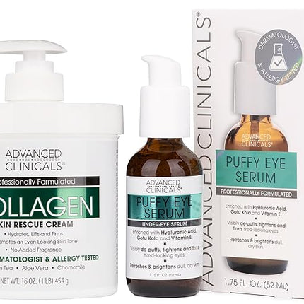 Advanced Clinicals Collagen Cream + Puffy Eye Face Serum 2pc Set | Collagen Body Lotion & Brightening Under Eye Serum | Fragrance Free | Skin Care Products, 2pc Bundle