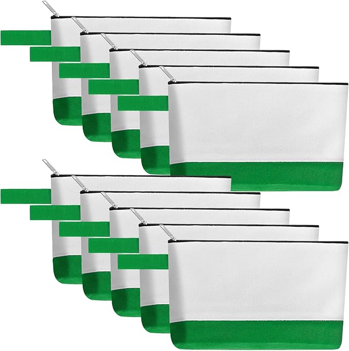 10 Pieces Cotton Canvas Makeup Bag with Bottom and Strap, Multi-Purpose Cosmetic Bag with Zipper Travel Toiletry Pouch, Blank DIY Craft Bag (White&Green, S)
