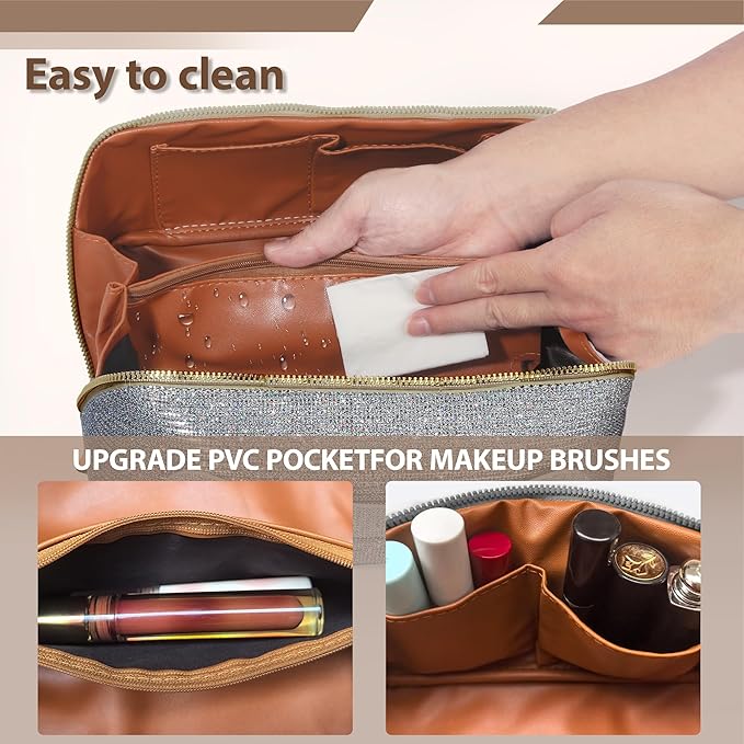 Makeup Bag for Women Travel Cosmetic Bag Toiletry Oraganizer Case Bag Travel Essentials Portable Pouch with Waterproof Large Capacity PU Leather Lining