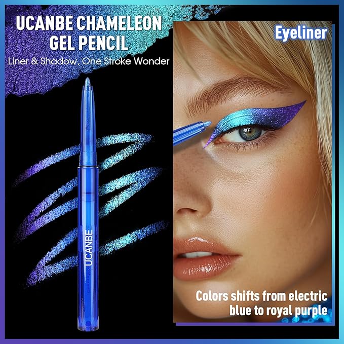 UCANBE Chameleon Eyeshadow & Eyeliner Gel Pencil - Multichrome Shifting Colors Metallic Glitter Eye Makeup,Waterproof Long-Lasting Smudge-Proof Multi-Dimensional Color (Electric Blue to Royal Purple)