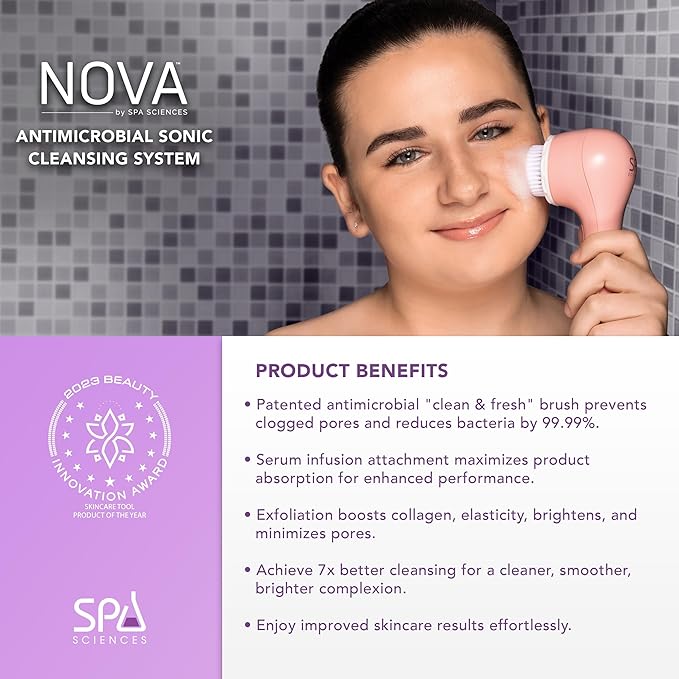 Spa Sciences - NOVA - Sonic Cleansing Brush with Bristles & Infusion System – Anti-Aging Facial Exfoliating, Waterproof, and USB Rechargeable