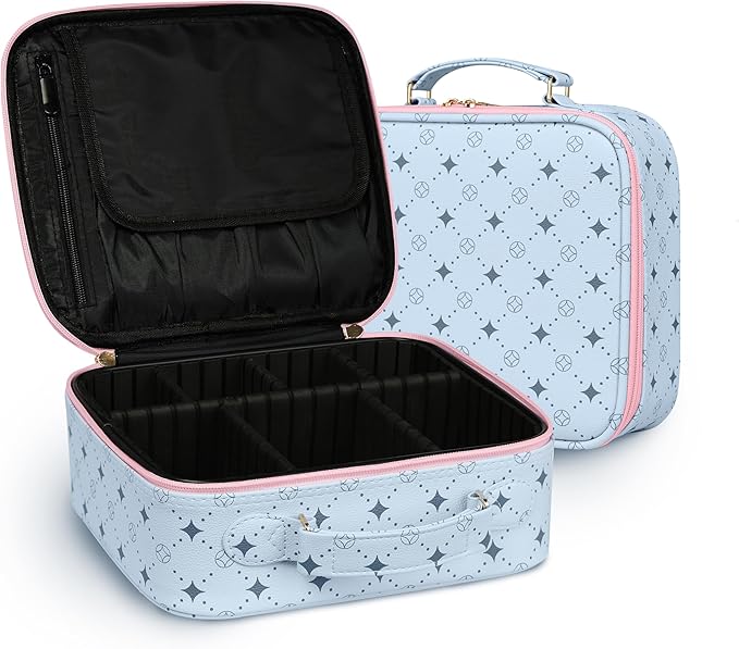 Travel Makeup Bag,Waterproof Cosmetic Organizer, Adjustable Dividers,Portability Cosmetic Train Case,Makeup organizer,Gift for Women,Girls Gift (Blue+Pink)